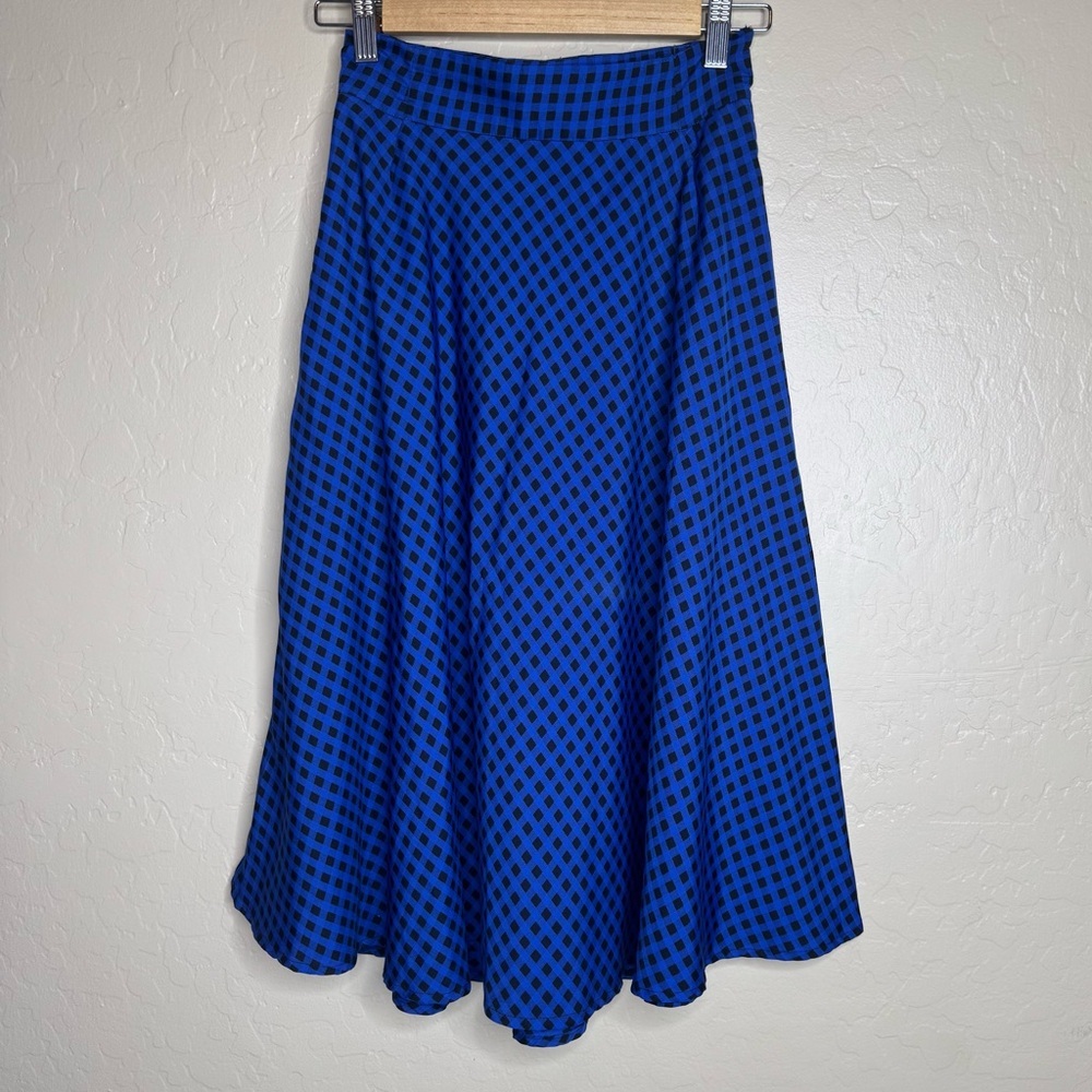 eShatki Blue Plaid Checkered Full Midi Skirt High Rise
